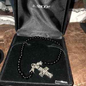 Black onyx bead necklace with marcasite cross.